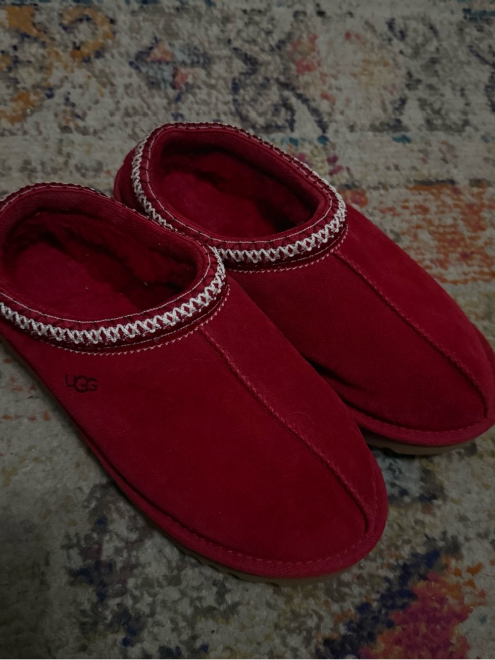 UGG Red Suede Shearling Mule Slippers